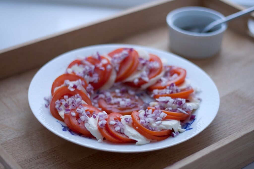 Tomatsalat med mozzarella og roedloeg